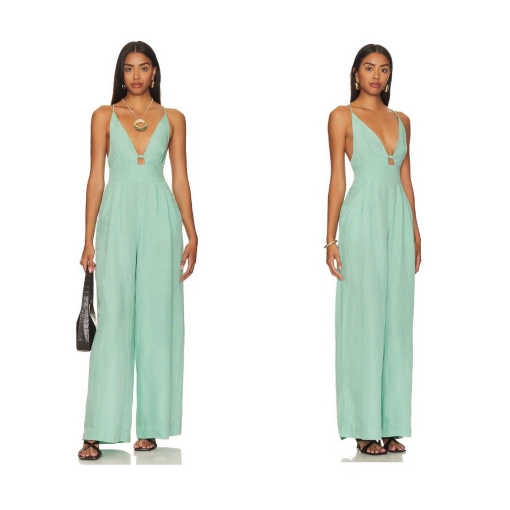 Free People REVOLVE Emma Linen One Piece Jumpsuit Pastel Jade Green Size M